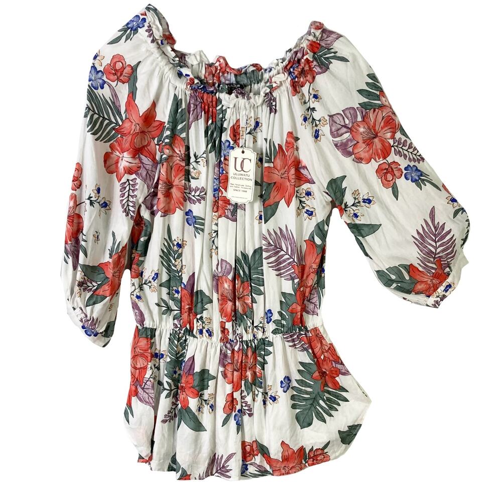 NEW ULUWATU Blouse Women S Floral Off Shoulder Ruffle 3/4 Sleeve Peplum Elastic